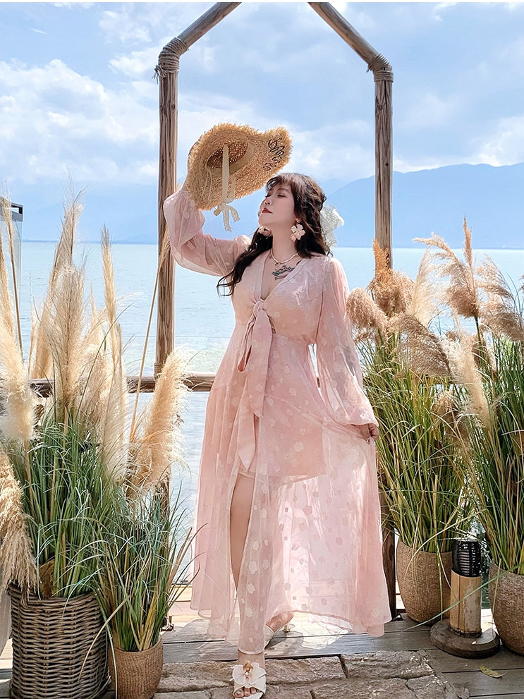 Kleid Rosa Pfirsichblütendruck Urlaub Übergröße Selbstbinden Schleife Vorne