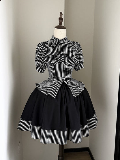 Black Striped Short Sleeve Gothic Lolita Blouse with Jabot - Flower Fairy Daily
