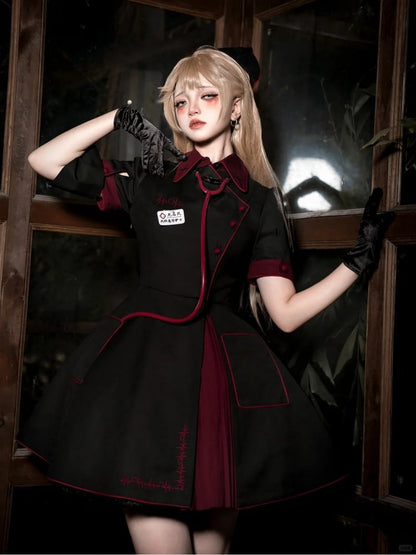 Schwarzes und rotes Halloween-Kostüm für Krankenschwestern, Lolita-Kleid, komplettes Set