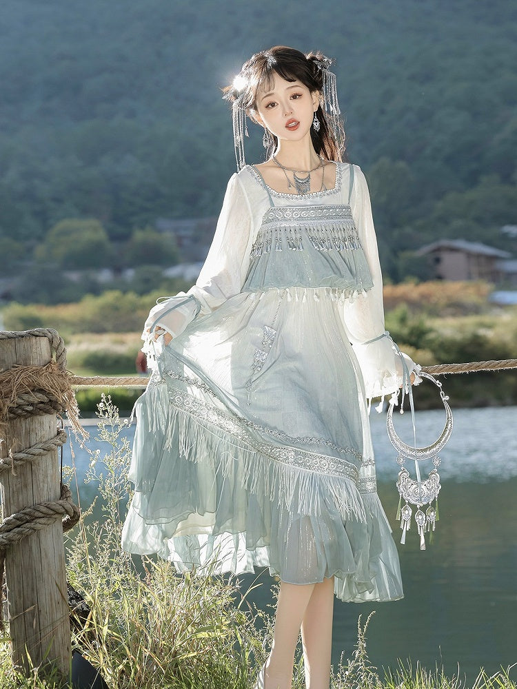 Square Neck Long Sleeve Han-Element Top in Light Blue with Tassel Dress Combo - Han Ru Chu Hanfu & Han-Element Studi