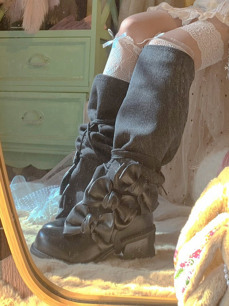 Lacing Boots Mid-heel Stacked Accents Bow - Design Black Bittersweet