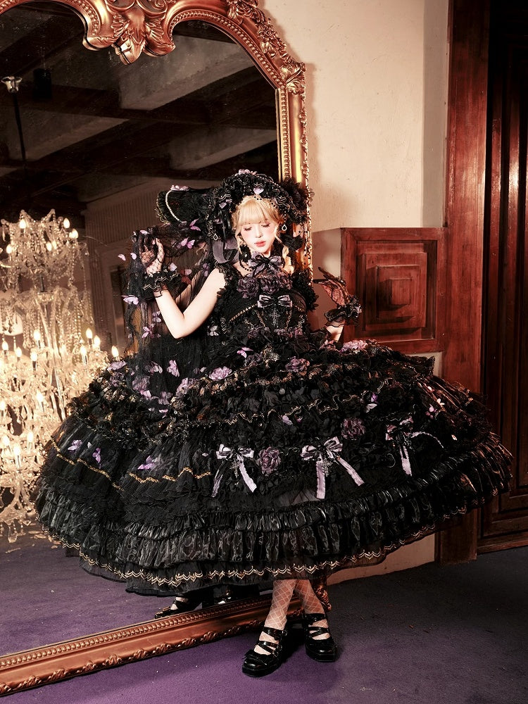 Ankle-Length Black & Purple Hanayome Hime Dress with Butterfly and Flower Accents - Cat Fairy Lolita