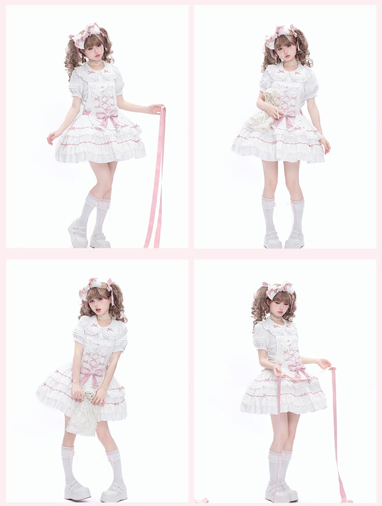 Decorated Self-tie Bow Sweet Lolita White Heart Apron and Pink