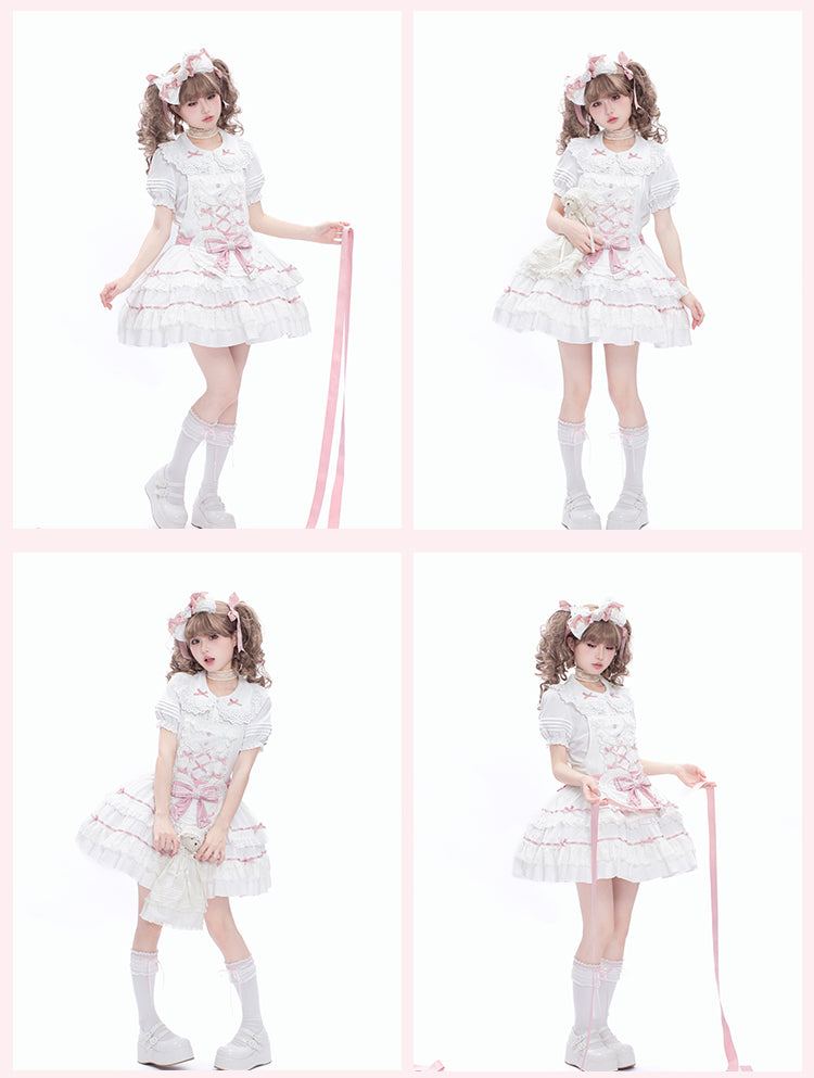 Self-tie and Sweet Decorated Lolita Apron Heart Pink White Bow