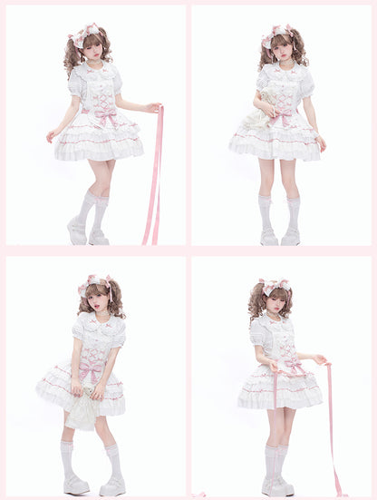 Self-tie and Sweet Decorated Lolita Apron Heart Pink White Bow