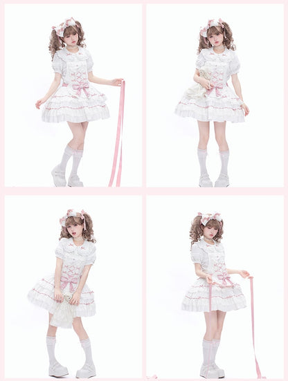 Rosa Schleife Akzente Weiß gestufte Spitze Trim Hime Sweet Lolita Kleid Rock Pullover