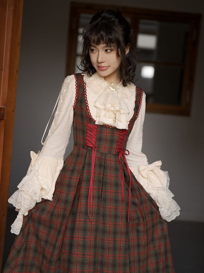 Plaid Classic Dress Details Lace-Up Brown Elegant Reddish Lolita with