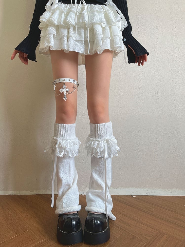/ Lace Accents Ribbon White Ribbed Leg Ruffled Warmers with Black