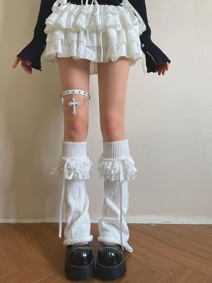 / Lace Accents Ribbon White Ribbed Leg Ruffled Warmers with Black