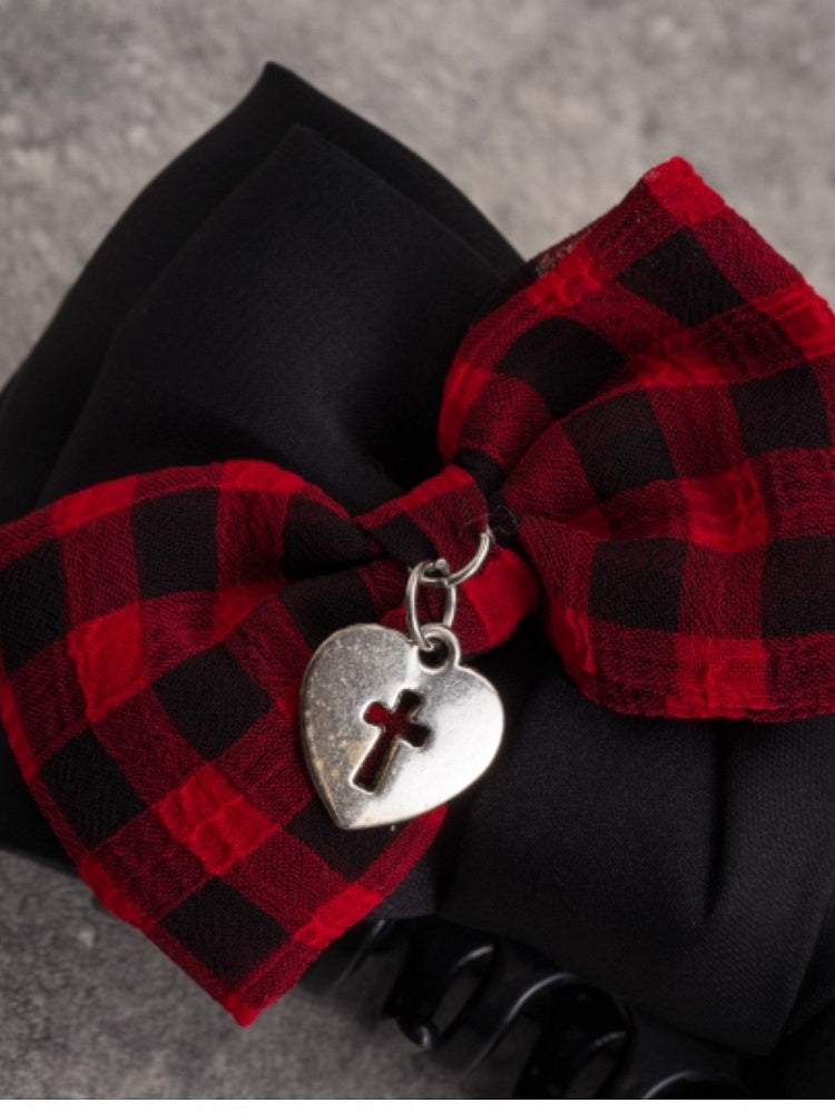 Pattern Claw Clip Red With Plaid Black Bowknot