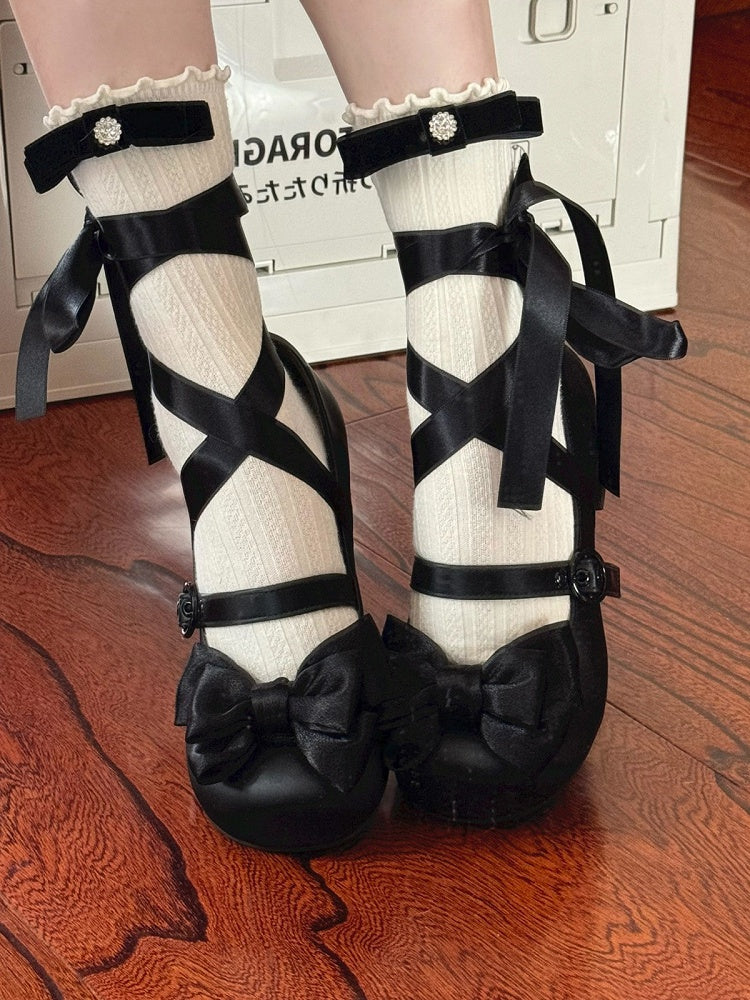 Black Ballet Style Bowknot Lace-up Straps Lolita Shoes - Round Toe & 4.5cm Heel - MODO