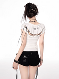 Slim-fitting Y2K Print Lace-up Back White/Black T-shirt