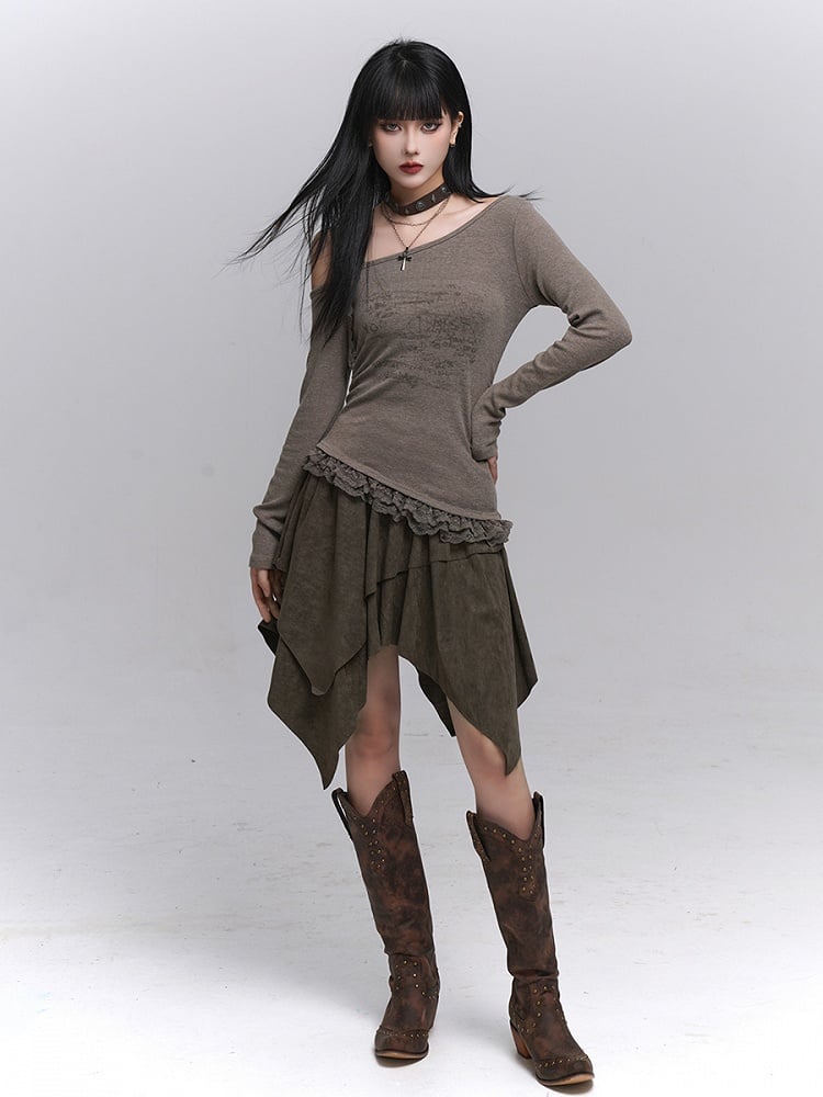 Brown Hem Millard Suede Wasteland Skirt Handkerchief A-Line Fashion Punk