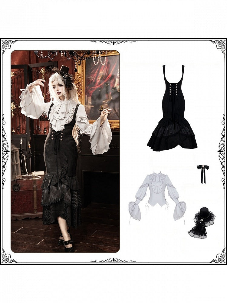 Gothic Lolita 4-Piece Set: Jabot Collar Poet Sleeve Shirt & Fish Tail Skirt - With PUJI