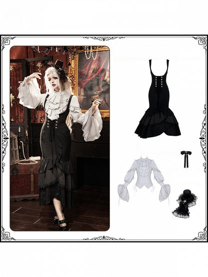 Gothic Lolita 4-Piece Set: Jabot Collar Poet Sleeve Shirt & Fish Tail Skirt - With PUJI