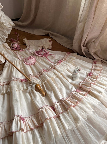 Cream Layered Ruffle High Waist Sweet Lolita Dress with Tulle Hem - Bodhi Original Design