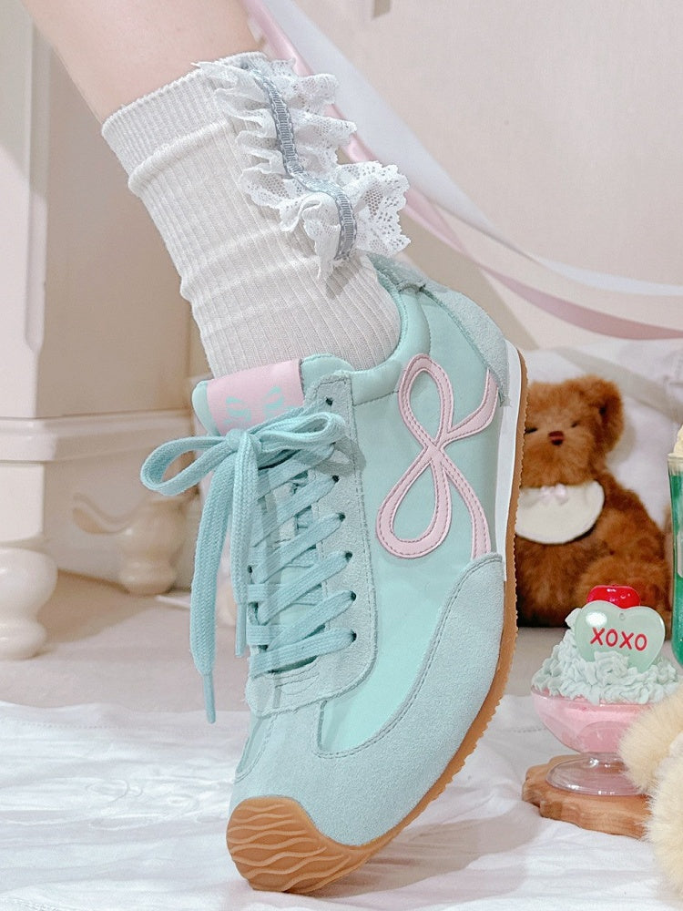 Green Front Bowknot Lace-up Design Sneakers Ties