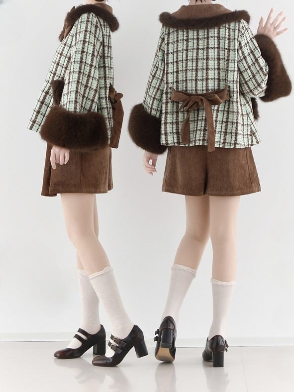 Plush Faux Coat Cropped Fur Cuffs Mint Green Tweed Chocolate with Lolita