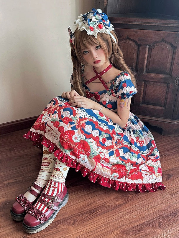 Blue Strawberry High Waist Sweet Lolita Dress