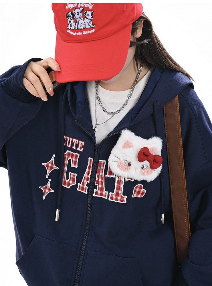 Red Navy Blue Zip-up Hoodie with Detachable Kitty Plushie Plaid Embroidery Applique