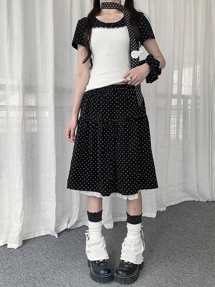 Vintage Y2K Polka-Dot Skirt with Lace - Solkatt
