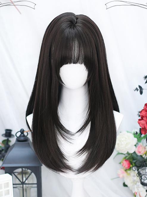 Bangs Black Straight With Tea Wig Medium Air