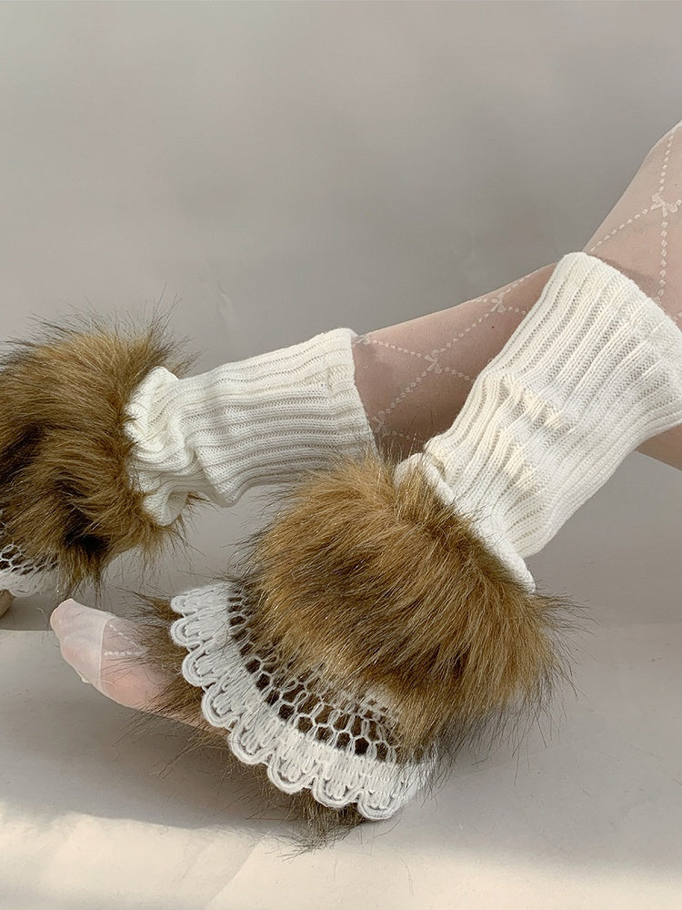 Ribbed Warmers Leg Trimmed Fur Faux Lace