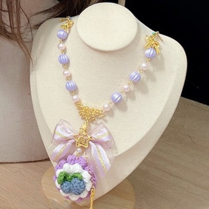 Pendant Star Blueberry Fork Beaded Purple Decorated Bowknot Necklace And
