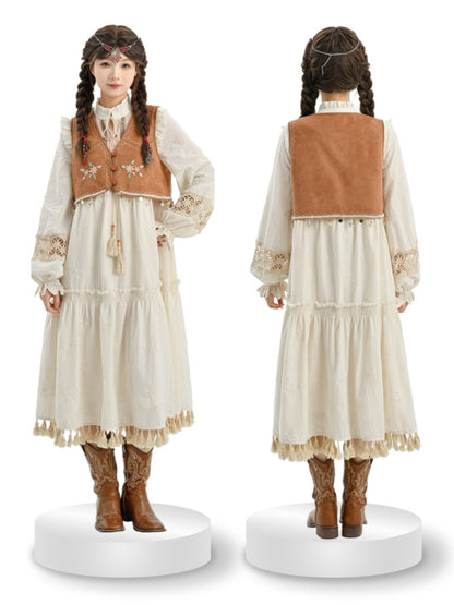 Brown Floral Embroidery Star Charm Hem Vest