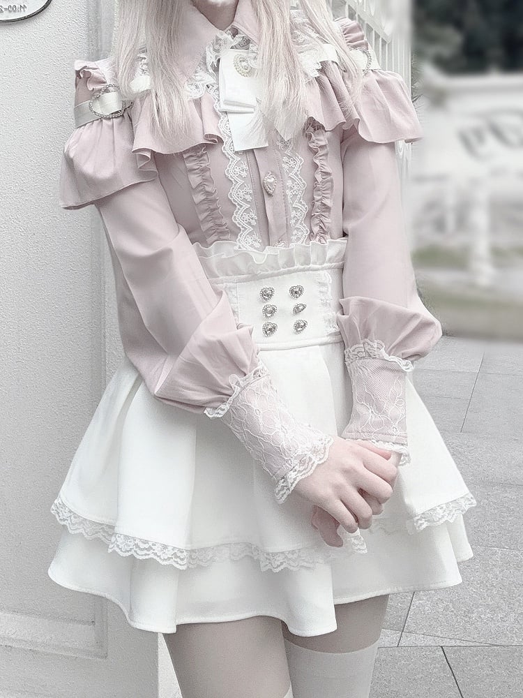 Lace Ruffle Cutout Trim White Rhinestone Ryousangata Blouse Long-Sleeve Bow with Shoulder Pink