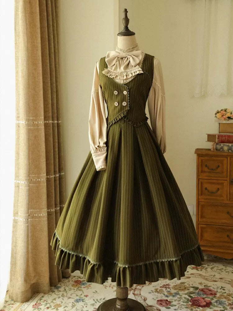 Dark Green Skirt Striped Classic High Vibes Historical Pattern Waist