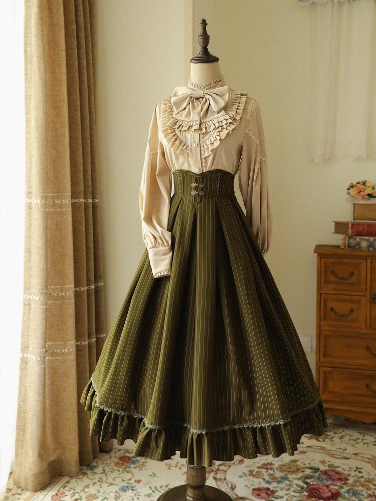 Vintage High-Waisted Striped Skirt in Dark Green
