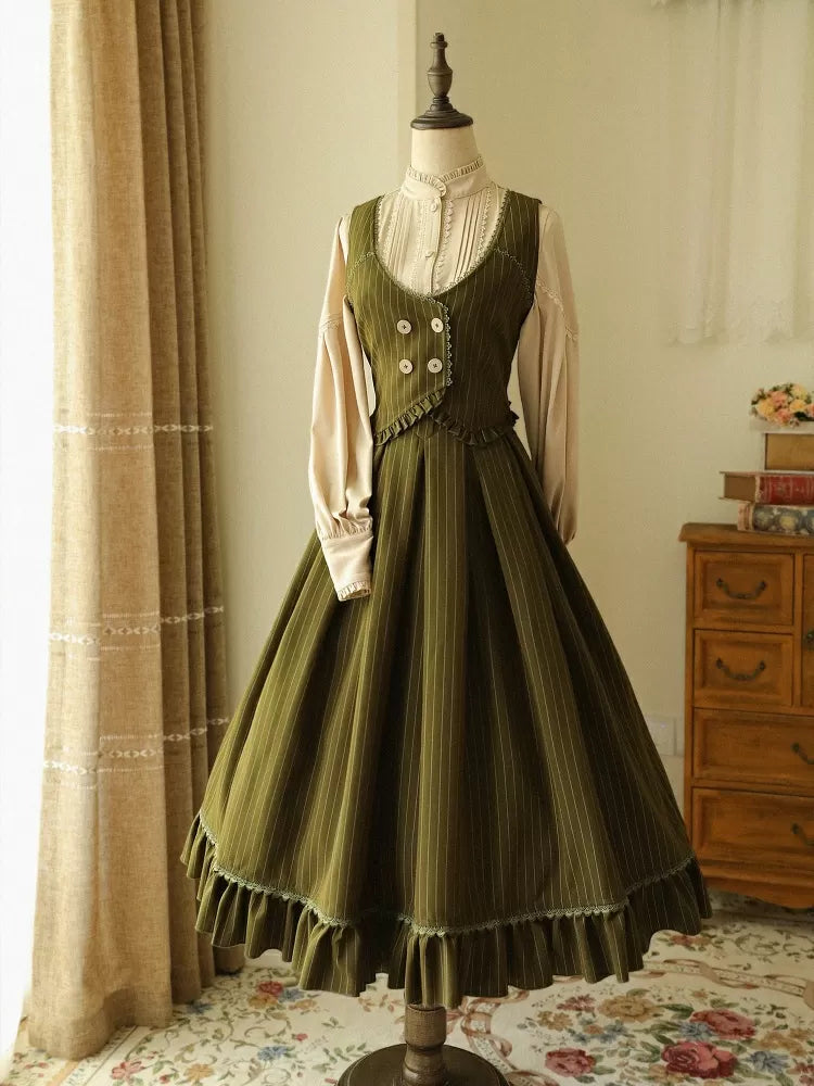 Dark Green Skirt Striped Classic High Vibes Historical Pattern Waist