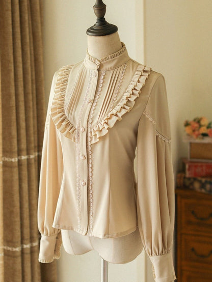 アプリコットスタンドカラー長袖クラシックロリータシャツ