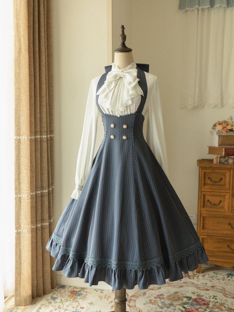 Robe rétro à rayures, col licou, sous la poitrine, bleu poudré