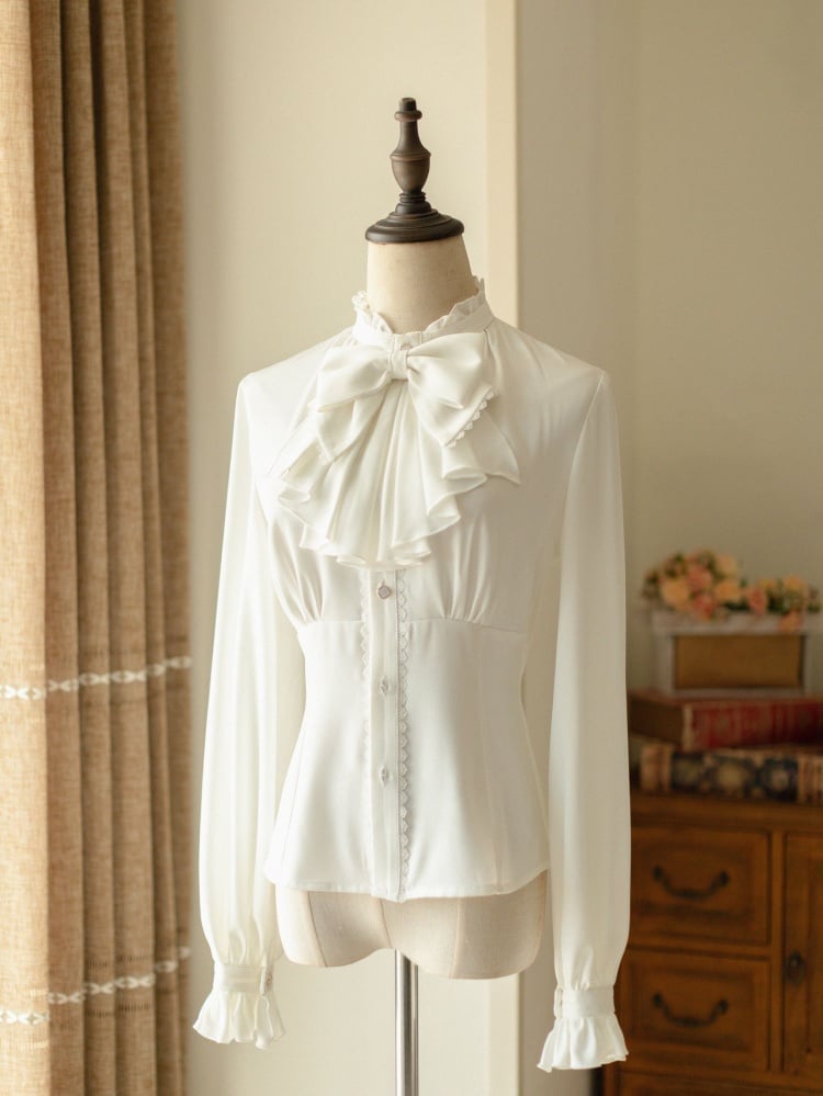 Vintage White Stand-Collar Long-Sleeve Shirt