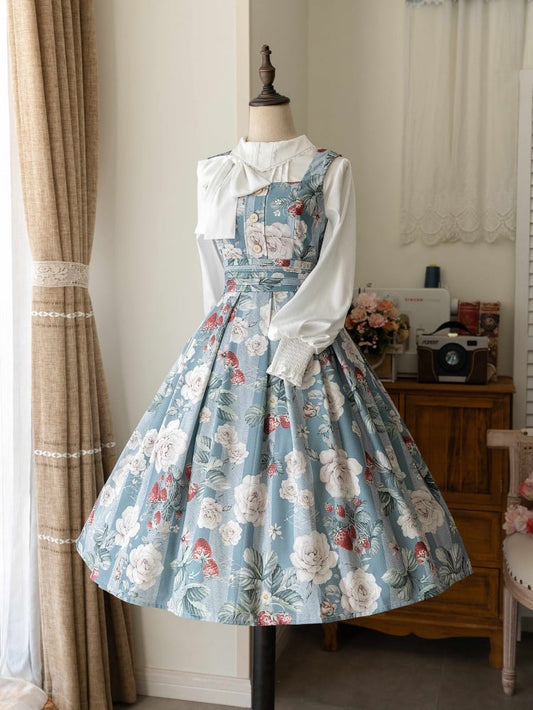 Staubblaues, elegantes, klassisches Lolita-Kleid mit Erdbeer- und Rosenmuster