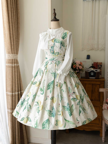 Elegantes klassisches Lolita JSK-Kleid mit quadratischem Ausschnitt in Gelb und Grün