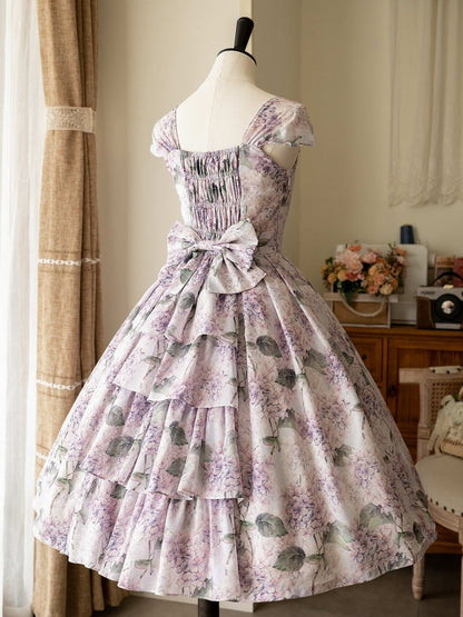 パープルアジサイプリントのジャンパースカートドレス