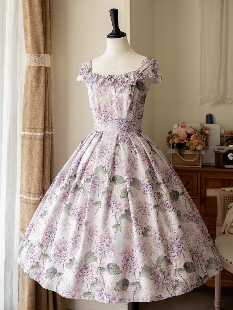 パープルアジサイプリントのジャンパースカートドレス