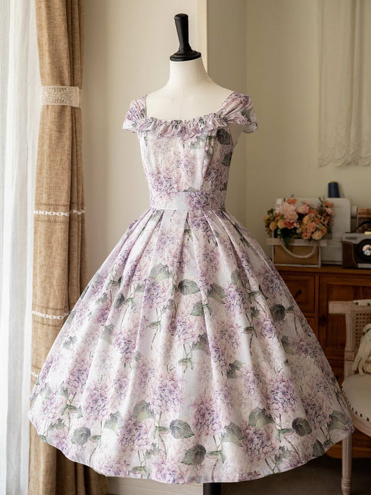 パープルアジサイプリントのジャンパースカートドレス