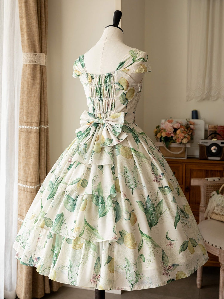 黄色と緑のレモン柄ジャンパースカートドレス