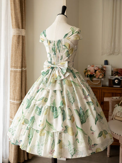 黄色と緑のレモン柄ジャンパースカートドレス