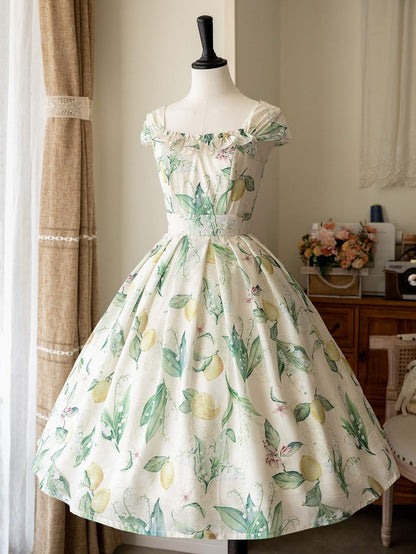 黄色と緑のレモン柄ジャンパースカートドレス