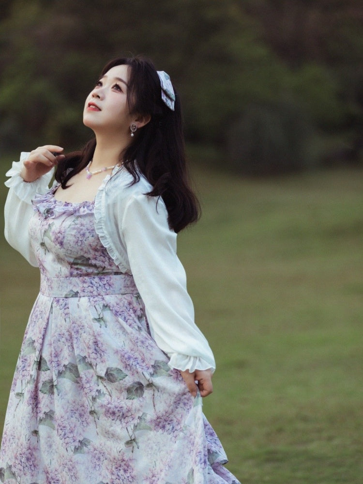 パープルアジサイプリントのジャンパースカートドレス