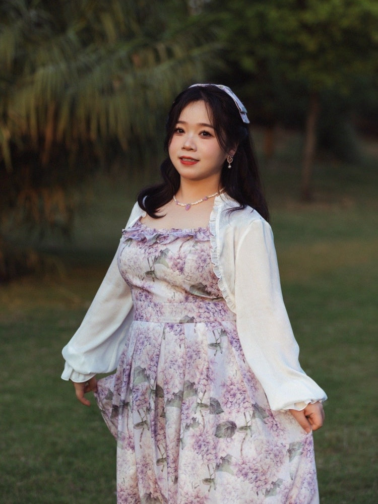 パープルアジサイプリントのジャンパースカートドレス