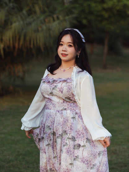 パープルアジサイプリントのジャンパースカートドレス