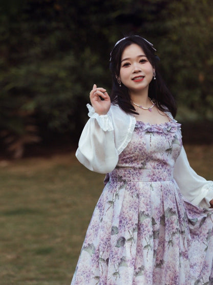 パープルアジサイプリントのジャンパースカートドレス