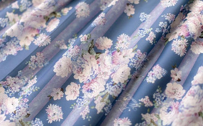 Blaues Blumenkleid, eleganter Pulloverrock mit hoher Taille