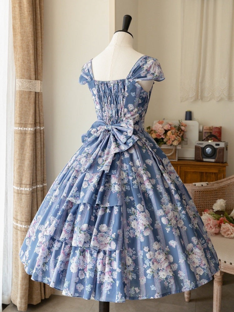 Robe fleurie bleue élégante taille haute avec jupe pull